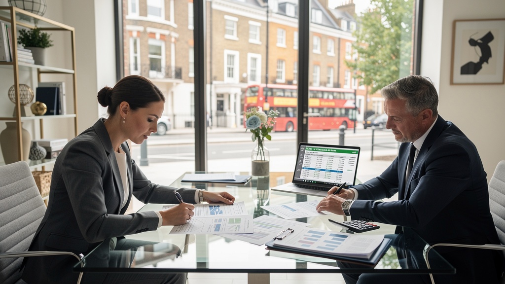 Property vendor reviewing capital gains tax calculations with an advisor in London