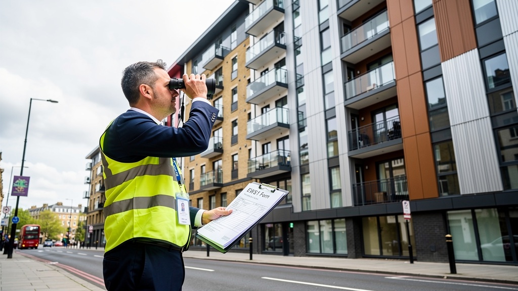 Building safety surveyor inspecting cladding on a modern London apartment block