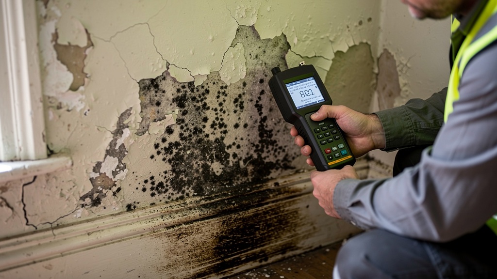 Damp and condensation damage with black mould on a Victorian property wall, surveyor using moisture meter