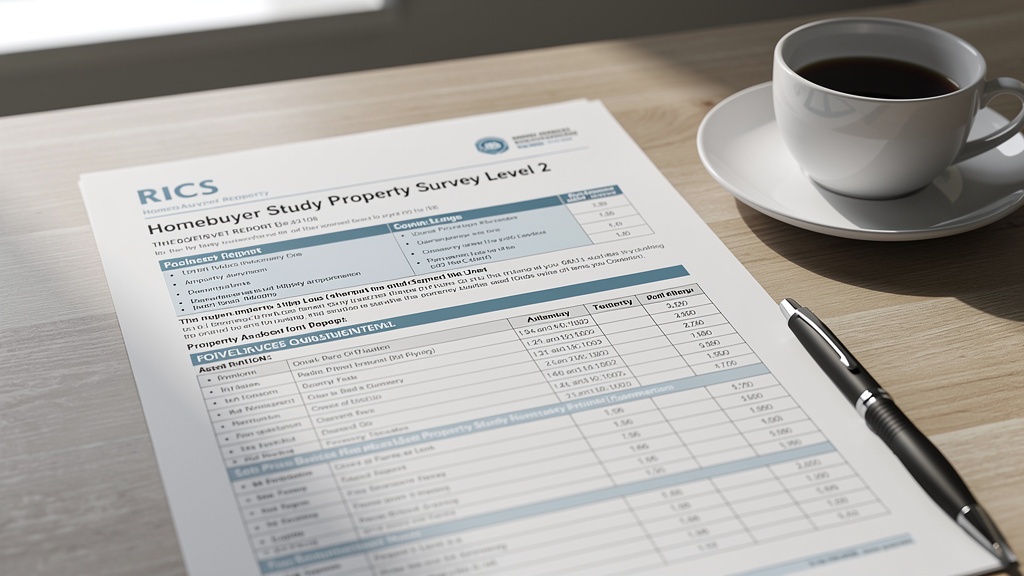 RICS survey report documents laid out on a desk showing homebuyer report format
