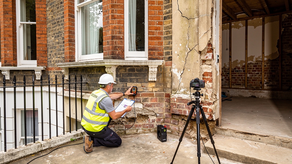 Chartered surveyor carrying out a full Level 3 building survey inspection on a Victorian property
