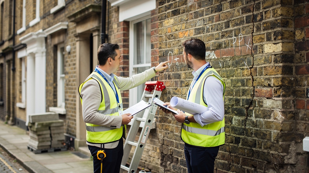 Two party wall surveyors discussing shared wall matters at a London terrace house