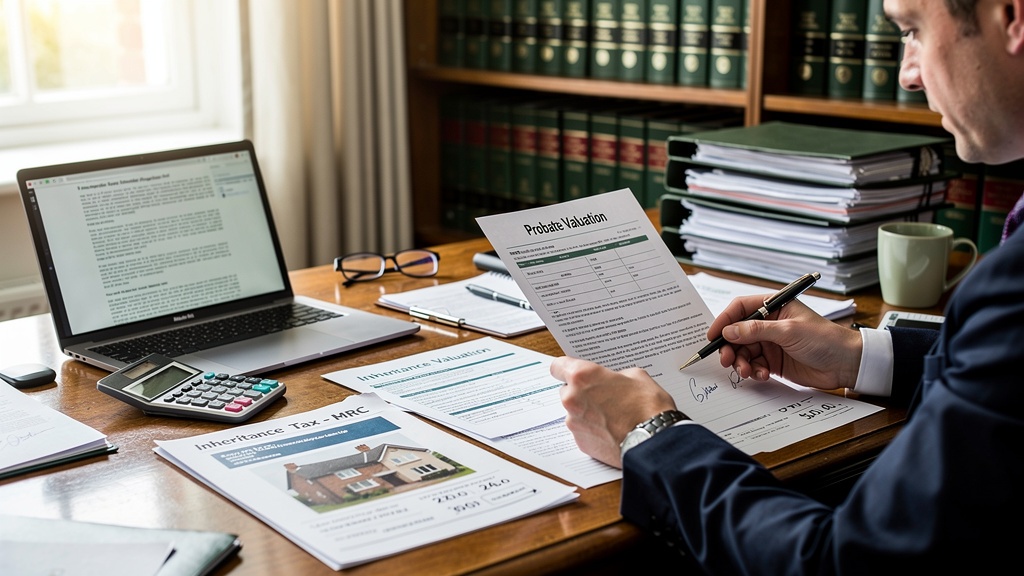 Executor reviewing probate and inheritance tax valuation documents at a solicitor's office