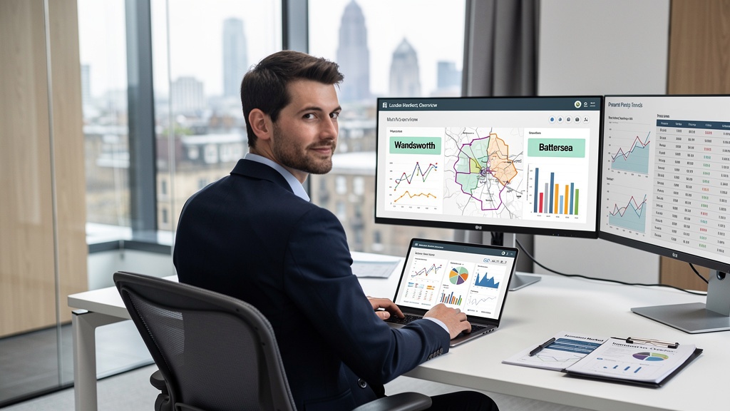 Surveyor reviewing Battersea property market data and trends on laptop