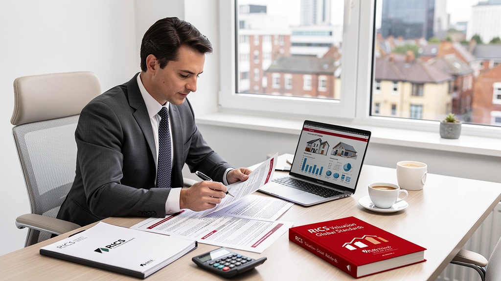 RICS Red Book valuation report being reviewed by a surveyor in London