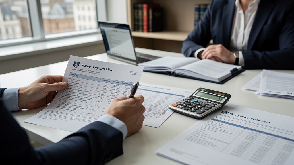 Property buyer signing stamp duty and completion documents at solicitor's office