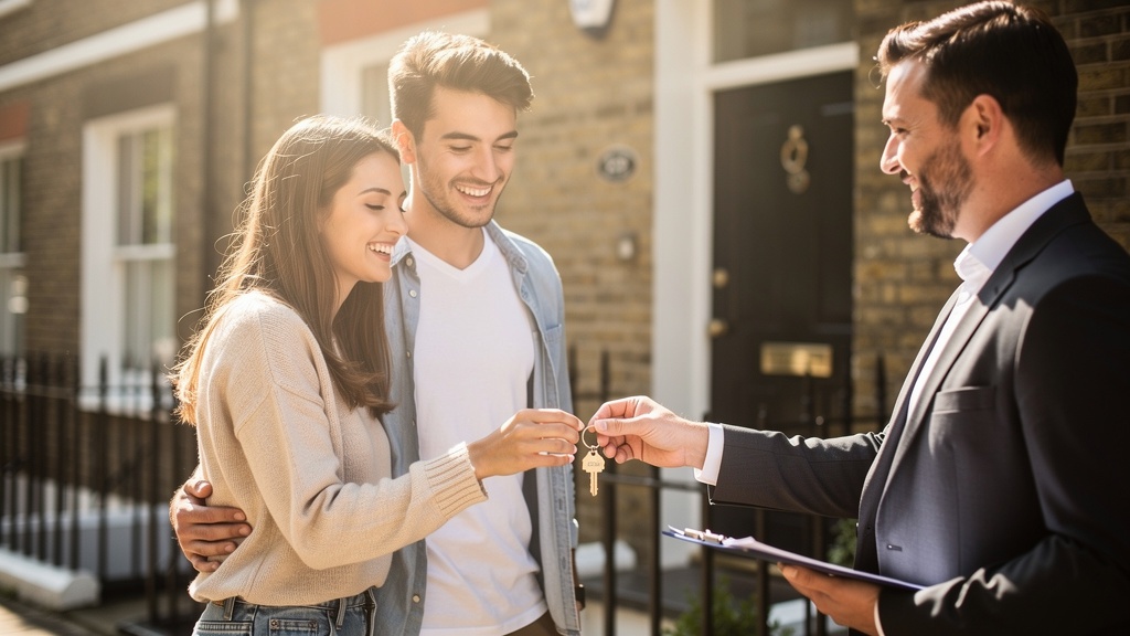 Happy couple receiving house keys after successful property purchase with the help of Battersea Surveyors