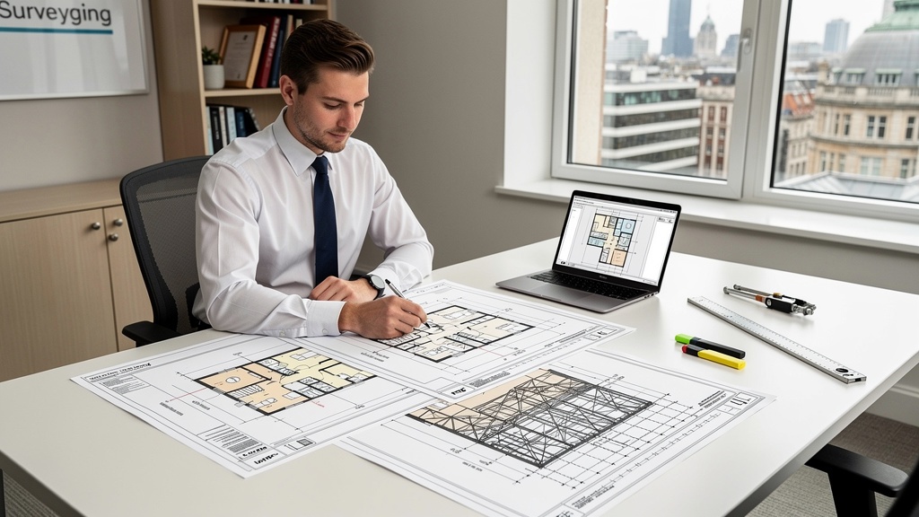 Surveyor reviewing a detailed building survey report and floor plans