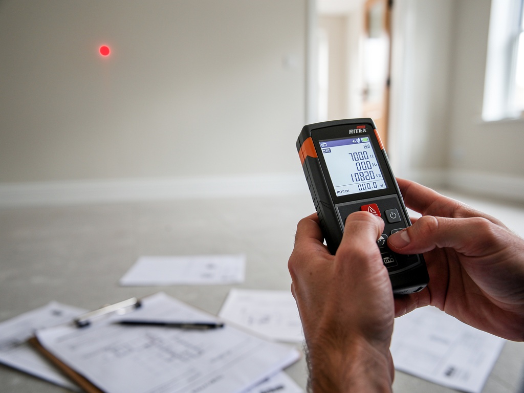 Professional surveyor using laser measuring equipment during a property inspection